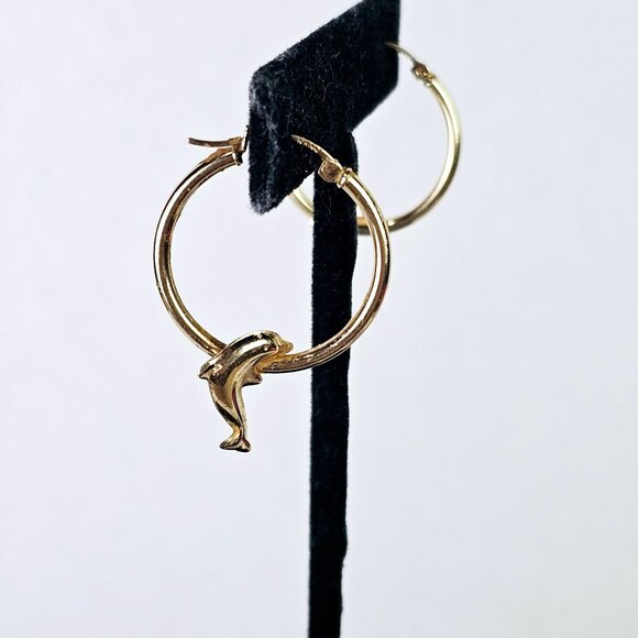 Vintage Hoop Jumping Dolphin Tube, 10K Signed AAJ, Polished Pierced Ear Earrings - Picture 3 of 5